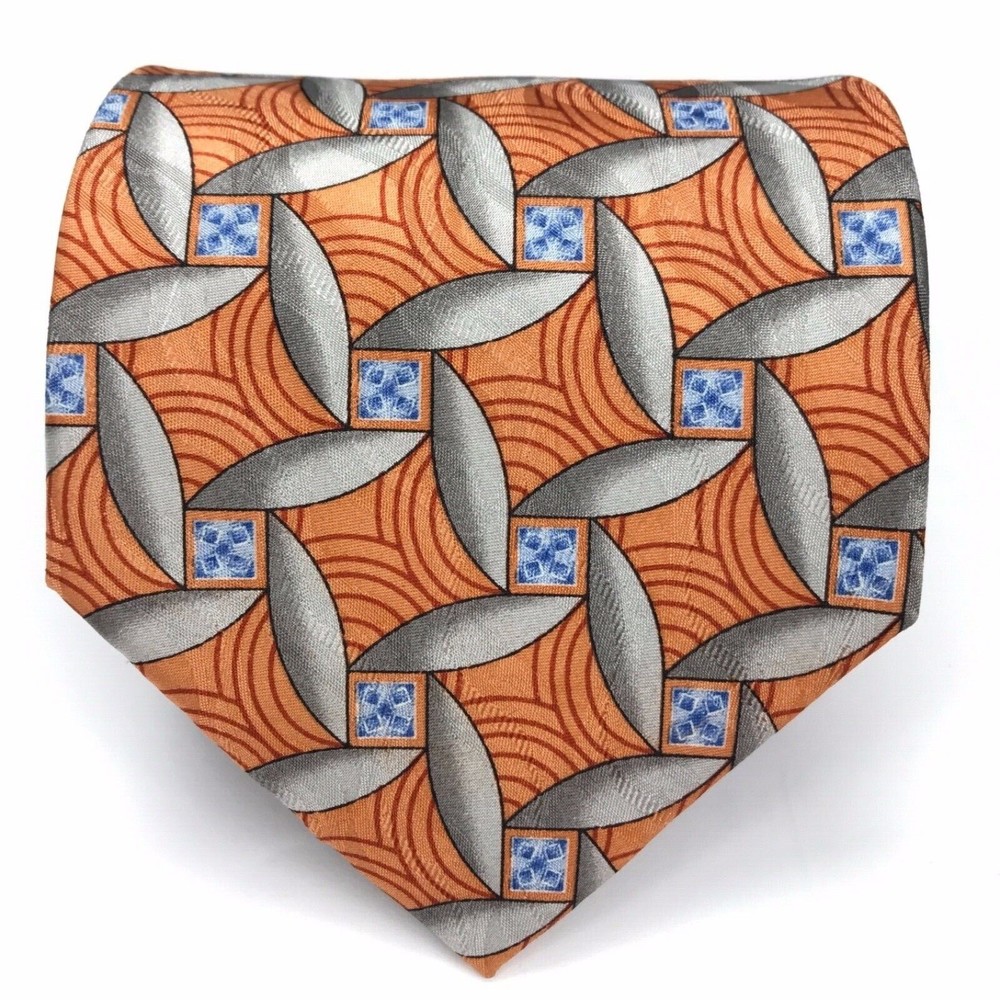Jos A Bank Tie 100% Silk Geometric Orange Blue Gray Business Men's Necktie 58" - Picture 2 of 11